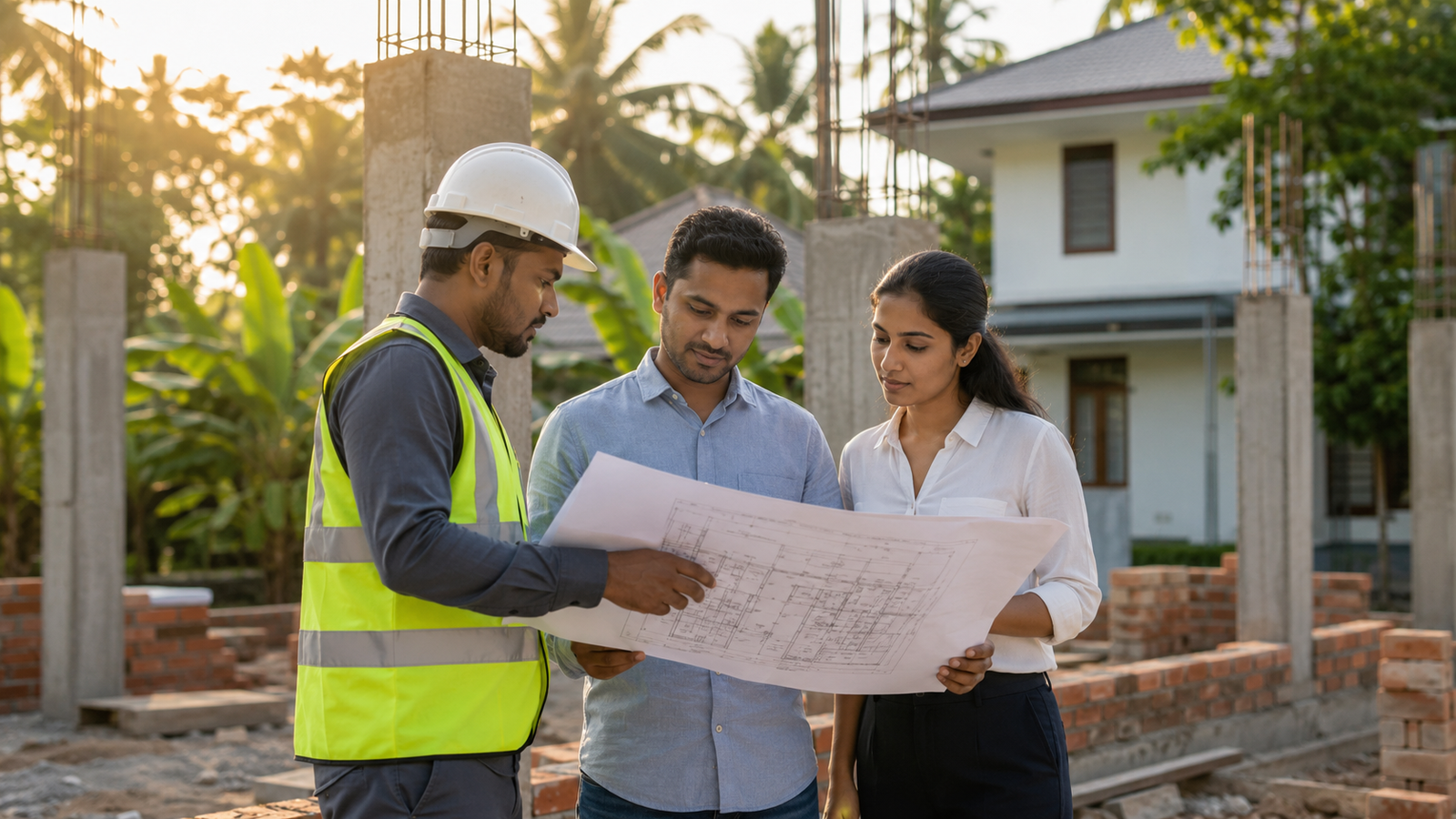 Construction team reviewing architectural plans outdoors